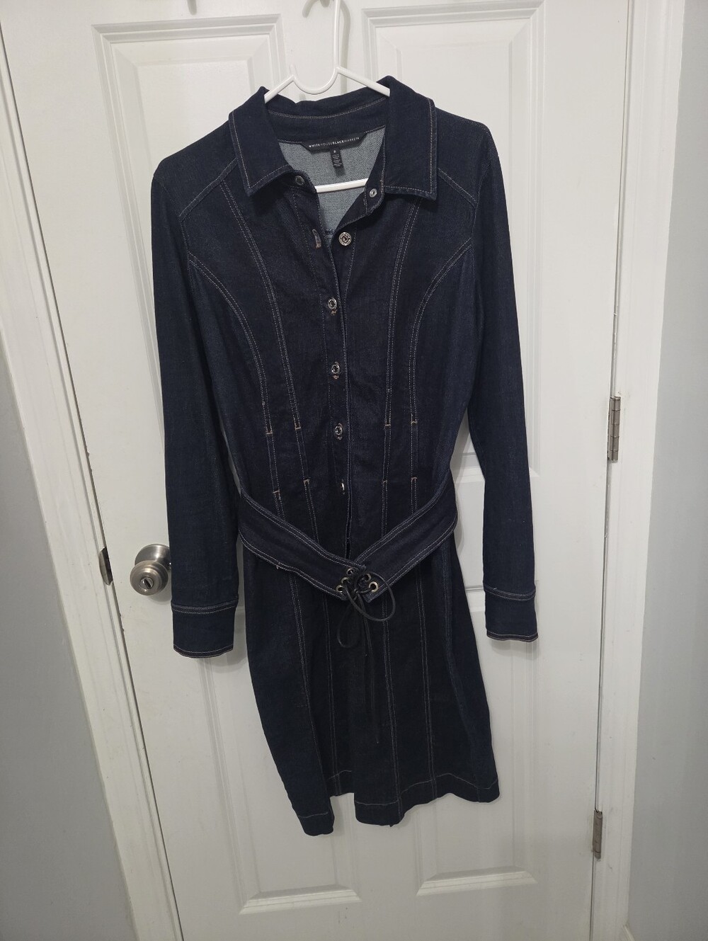 White House Black Market Dark Denim Button Front Long Sleeve Pencil Dress Size 8